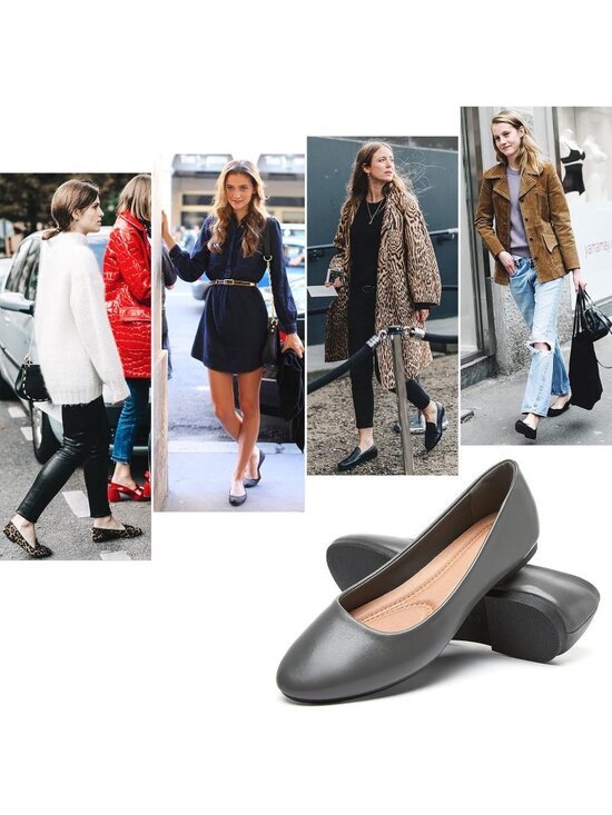 〽️Women\'s Ballet Flats Dark Gray PU Leather Dressy Round Toe Slip On Block Heel